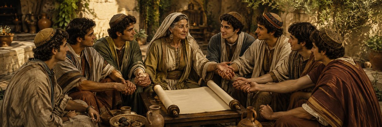 Seven brothers join hands around their mother and an unmarked scroll, united by learning and brotherly love